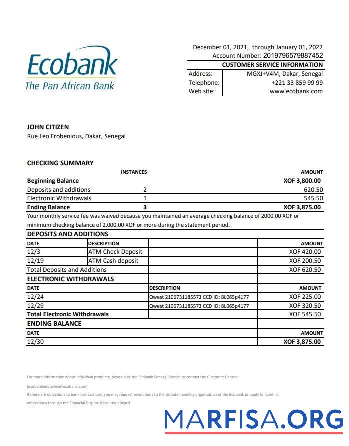 Blank Senegal Ecobank bank statement excel real example